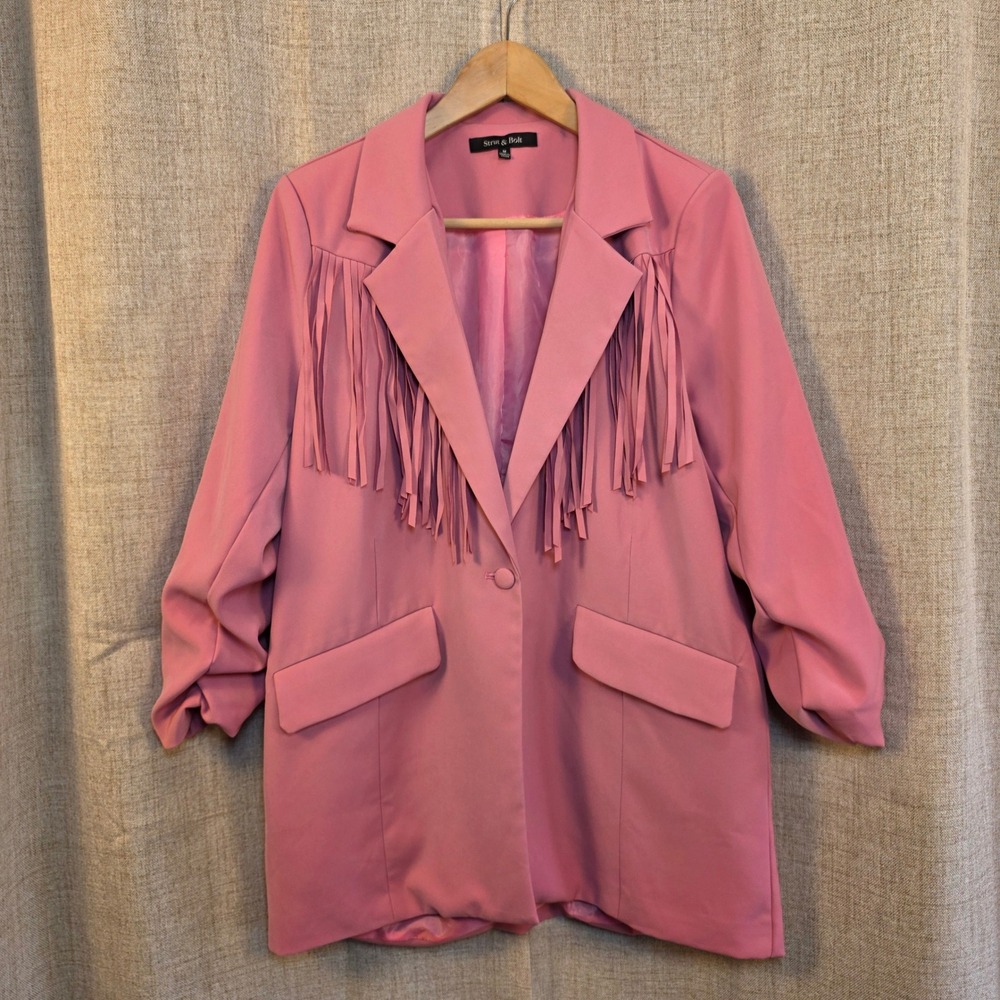 Strut & Bolt Pink Fringe Western Blazer‎ Jacket Womens M 3/4 Sleeve Lined